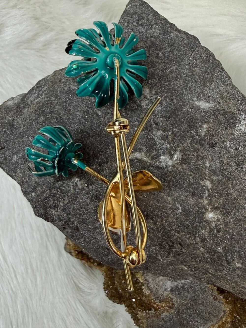 Vintage Enamel Flower Brooch Teal & Green MCM Figural